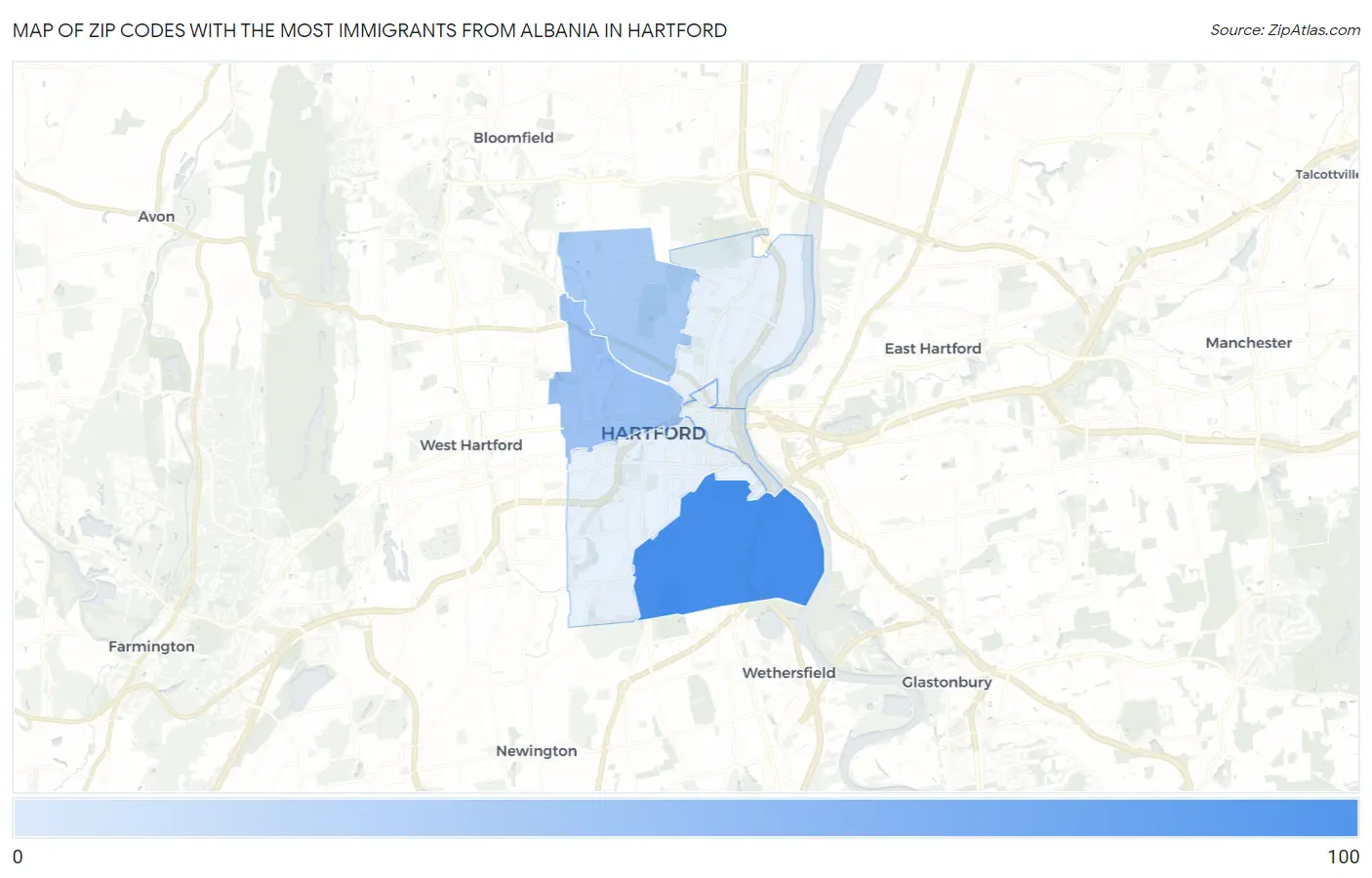 Zip Codes with the Most Immigrants from Albania in Hartford Map