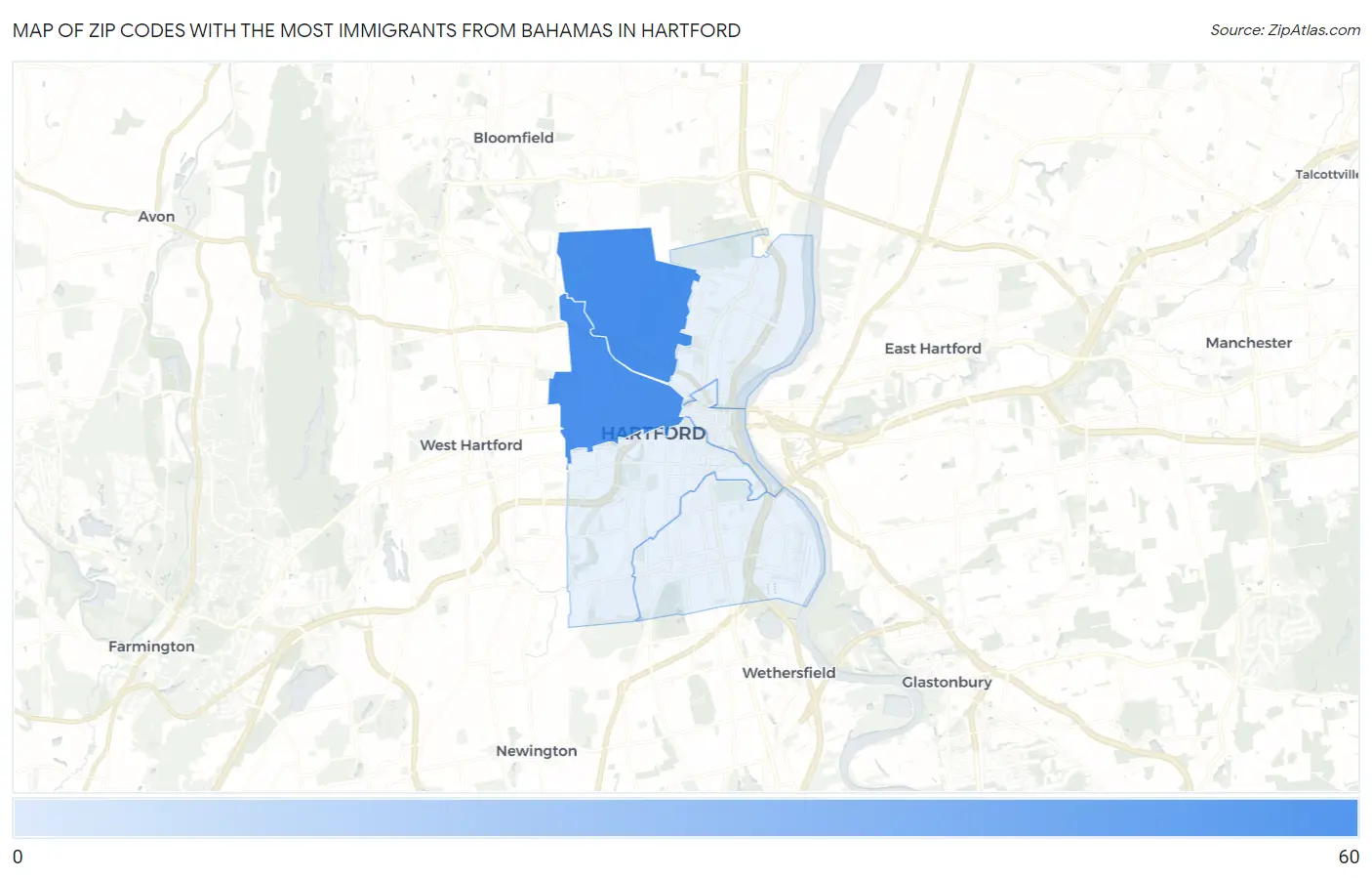 Zip Codes with the Most Immigrants from Bahamas in Hartford Map