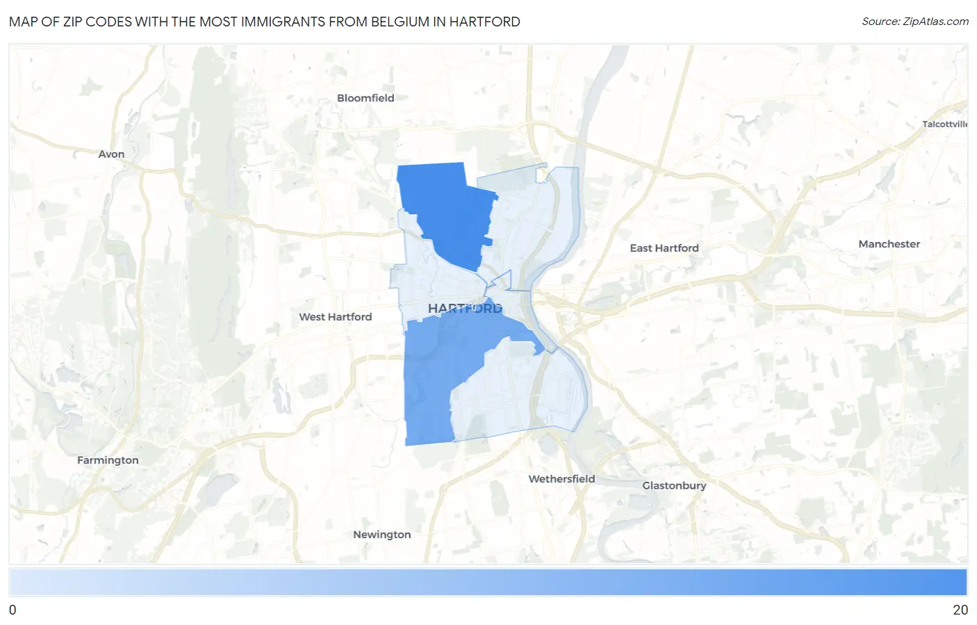 Zip Codes with the Most Immigrants from Belgium in Hartford Map