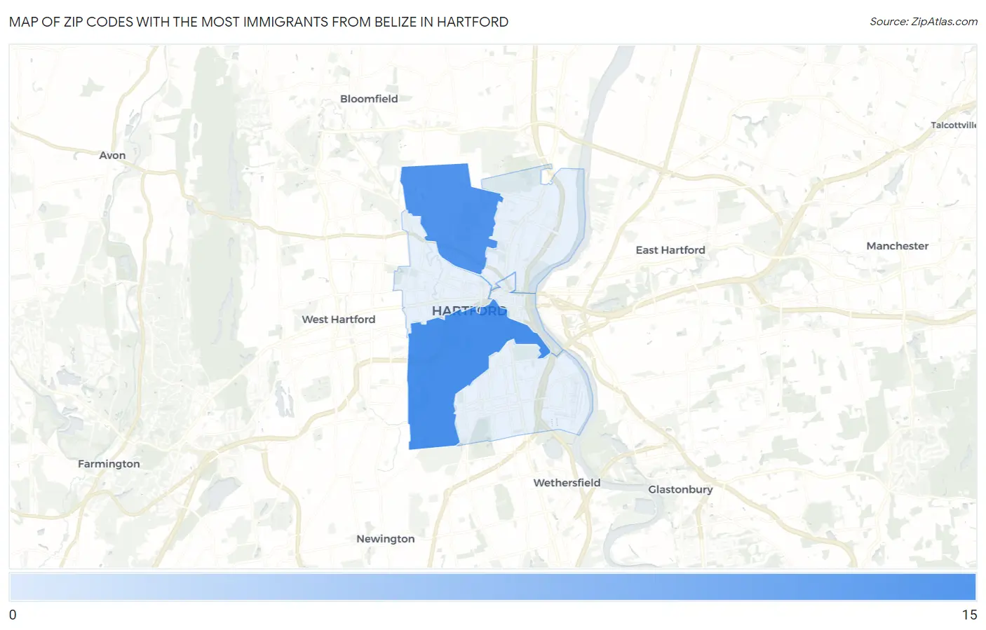 Zip Codes with the Most Immigrants from Belize in Hartford Map