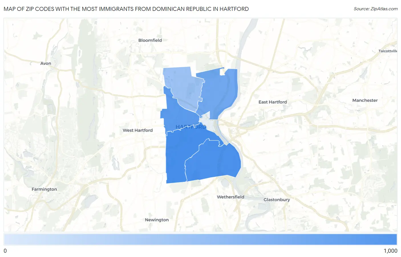 Zip Codes with the Most Immigrants from Dominican Republic in Hartford Map