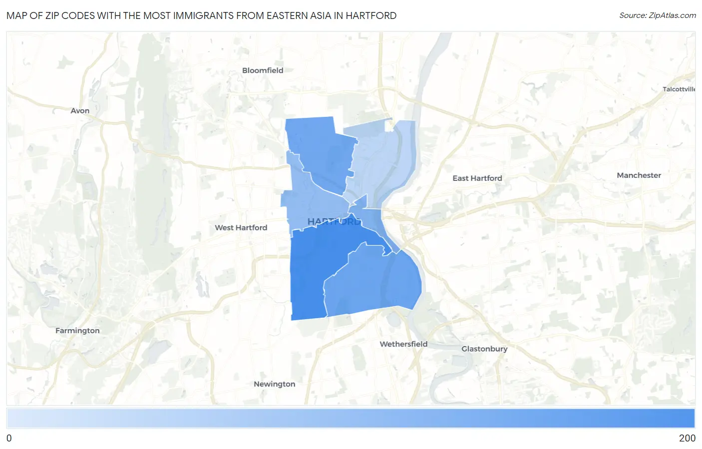 Zip Codes with the Most Immigrants from Eastern Asia in Hartford Map