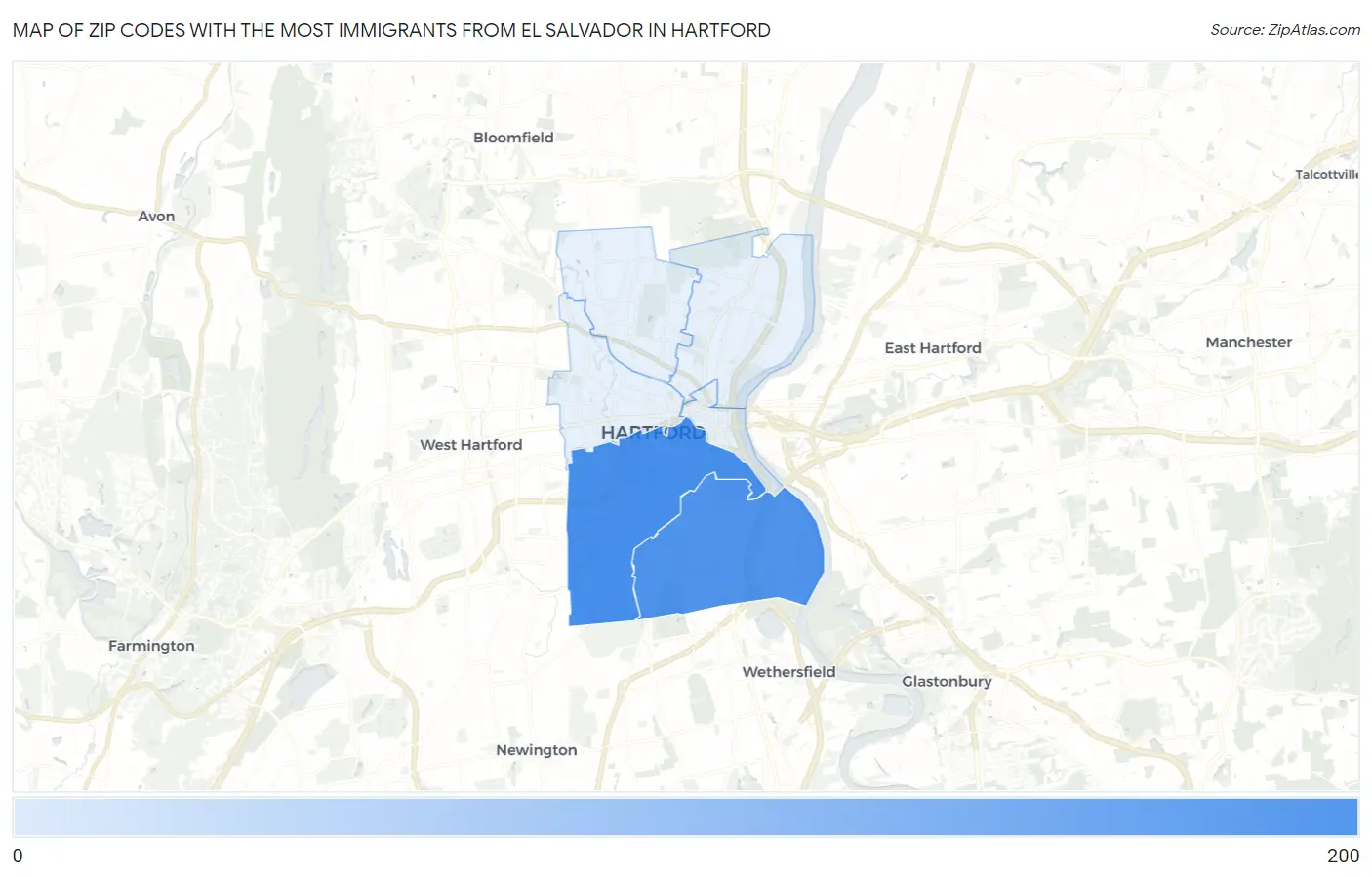 Zip Codes with the Most Immigrants from El Salvador in Hartford Map