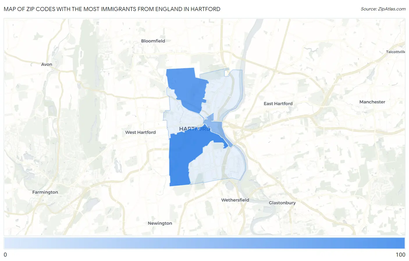 Zip Codes with the Most Immigrants from England in Hartford Map