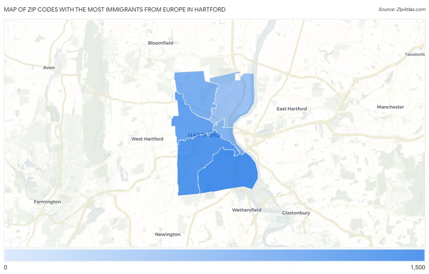 Zip Codes with the Most Immigrants from Europe in Hartford Map