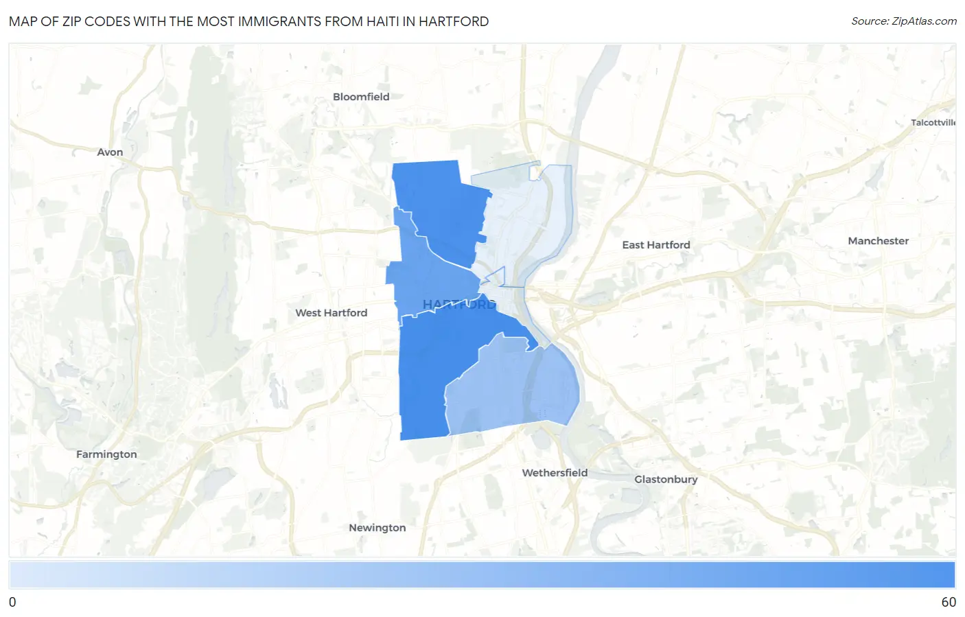 Zip Codes with the Most Immigrants from Haiti in Hartford Map