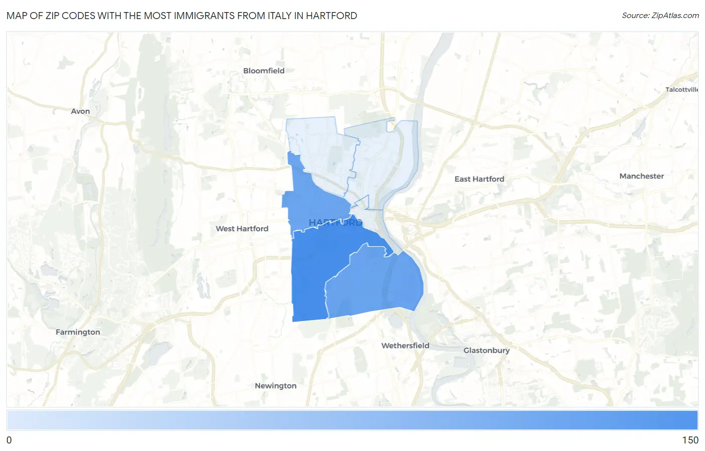 Zip Codes with the Most Immigrants from Italy in Hartford Map