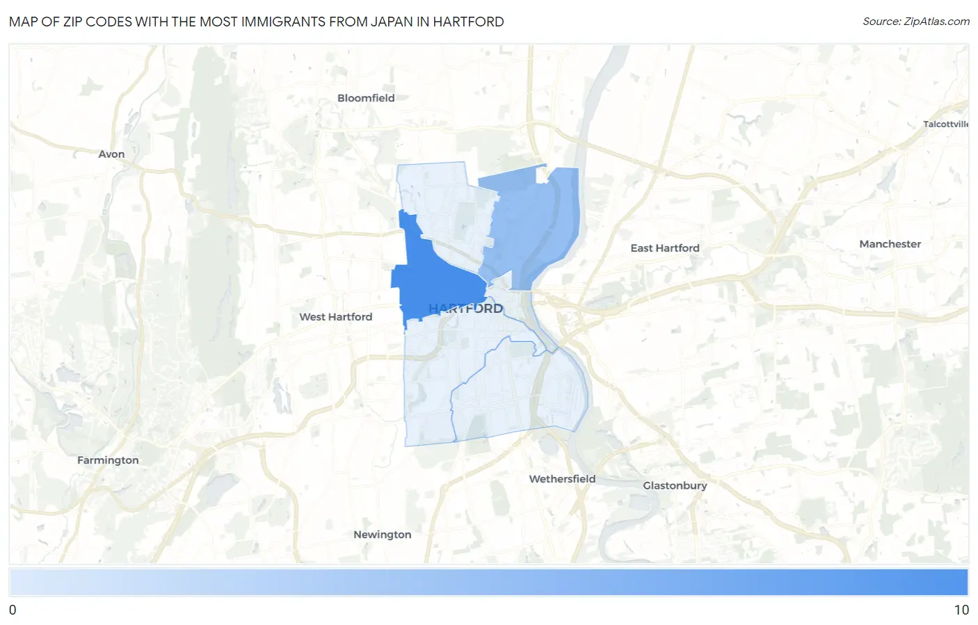 Zip Codes with the Most Immigrants from Japan in Hartford Map