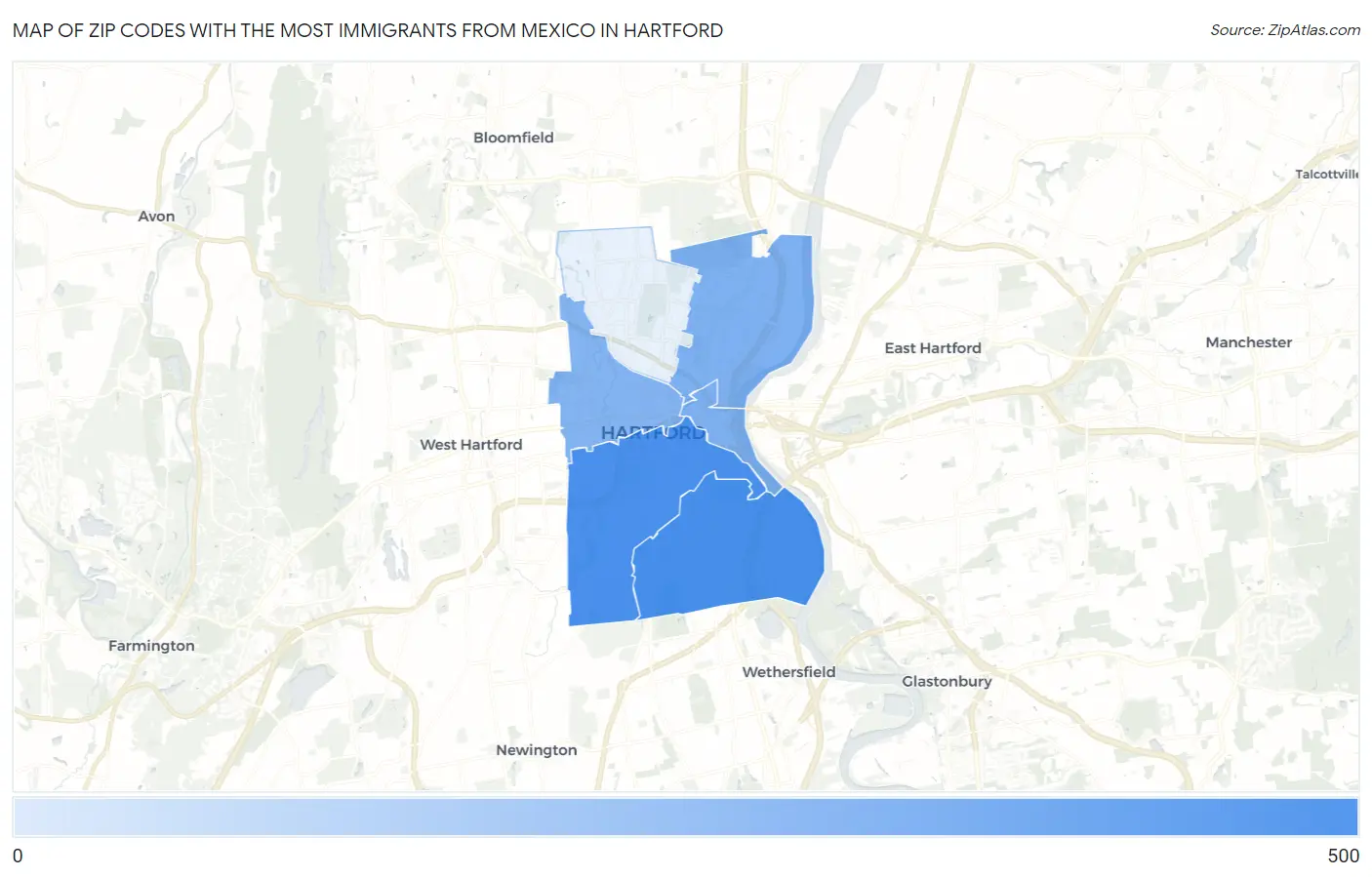 Zip Codes with the Most Immigrants from Mexico in Hartford Map