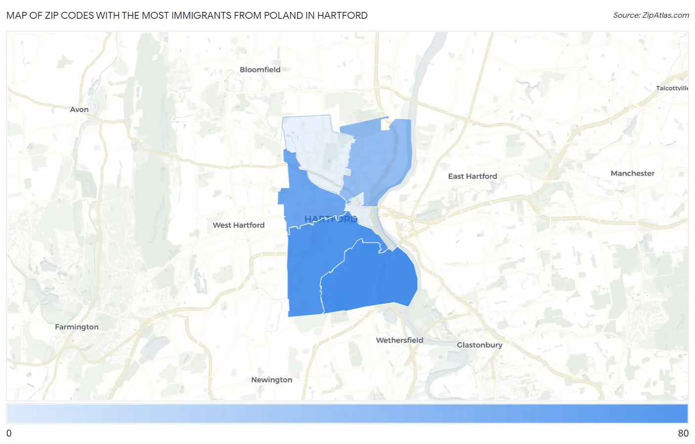 Zip Codes with the Most Immigrants from Poland in Hartford Map