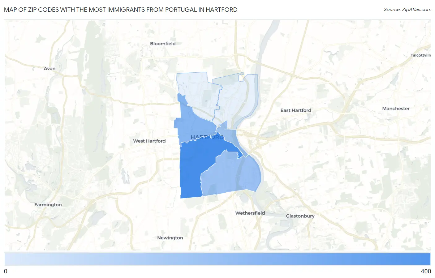 Zip Codes with the Most Immigrants from Portugal in Hartford Map