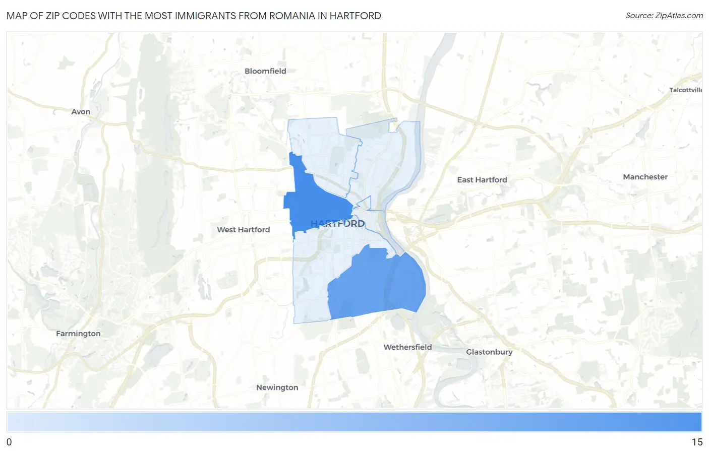 Zip Codes with the Most Immigrants from Romania in Hartford Map