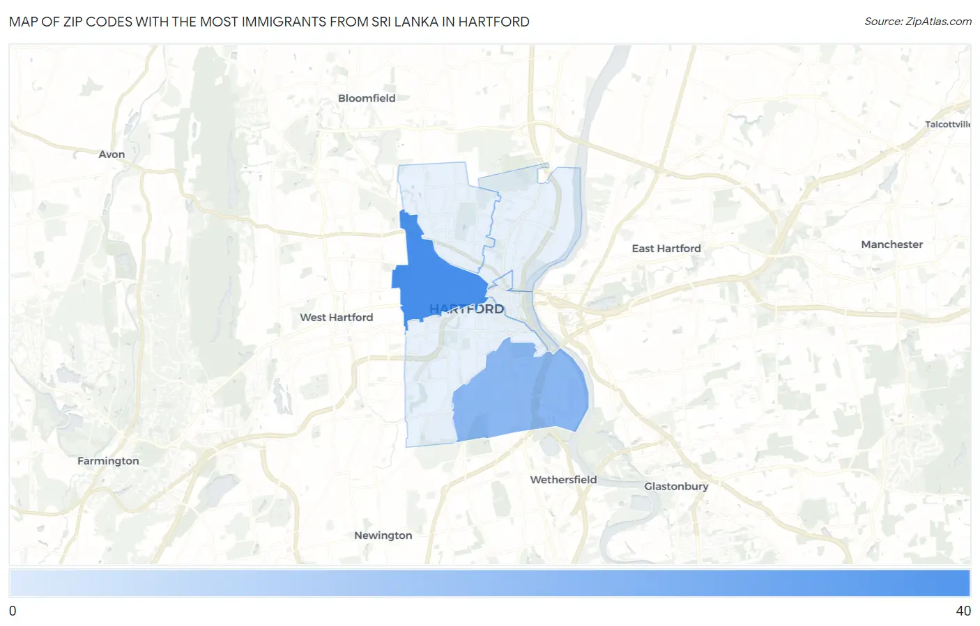 Zip Codes with the Most Immigrants from Sri Lanka in Hartford Map