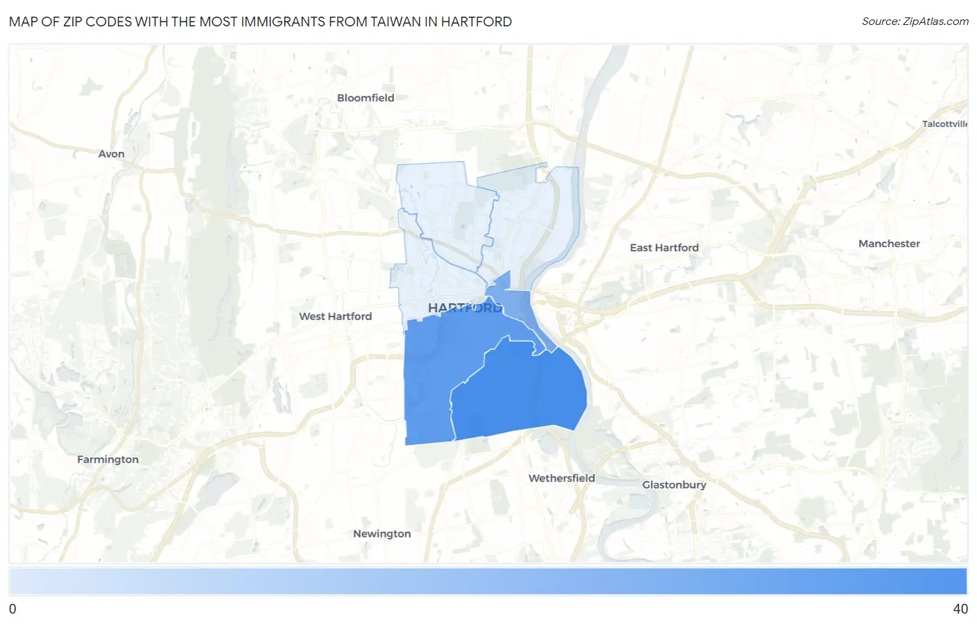 Zip Codes with the Most Immigrants from Taiwan in Hartford Map