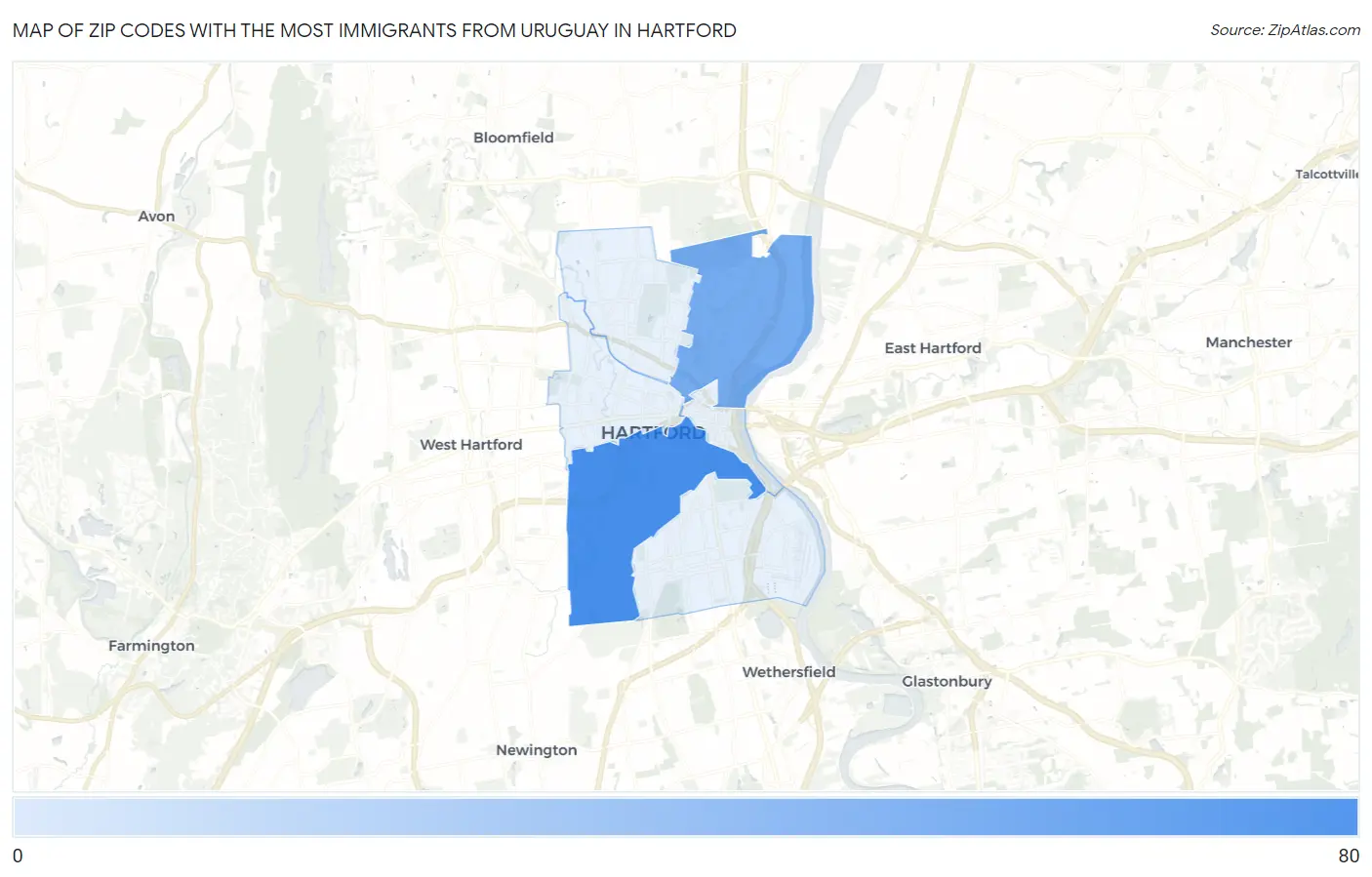 Zip Codes with the Most Immigrants from Uruguay in Hartford Map
