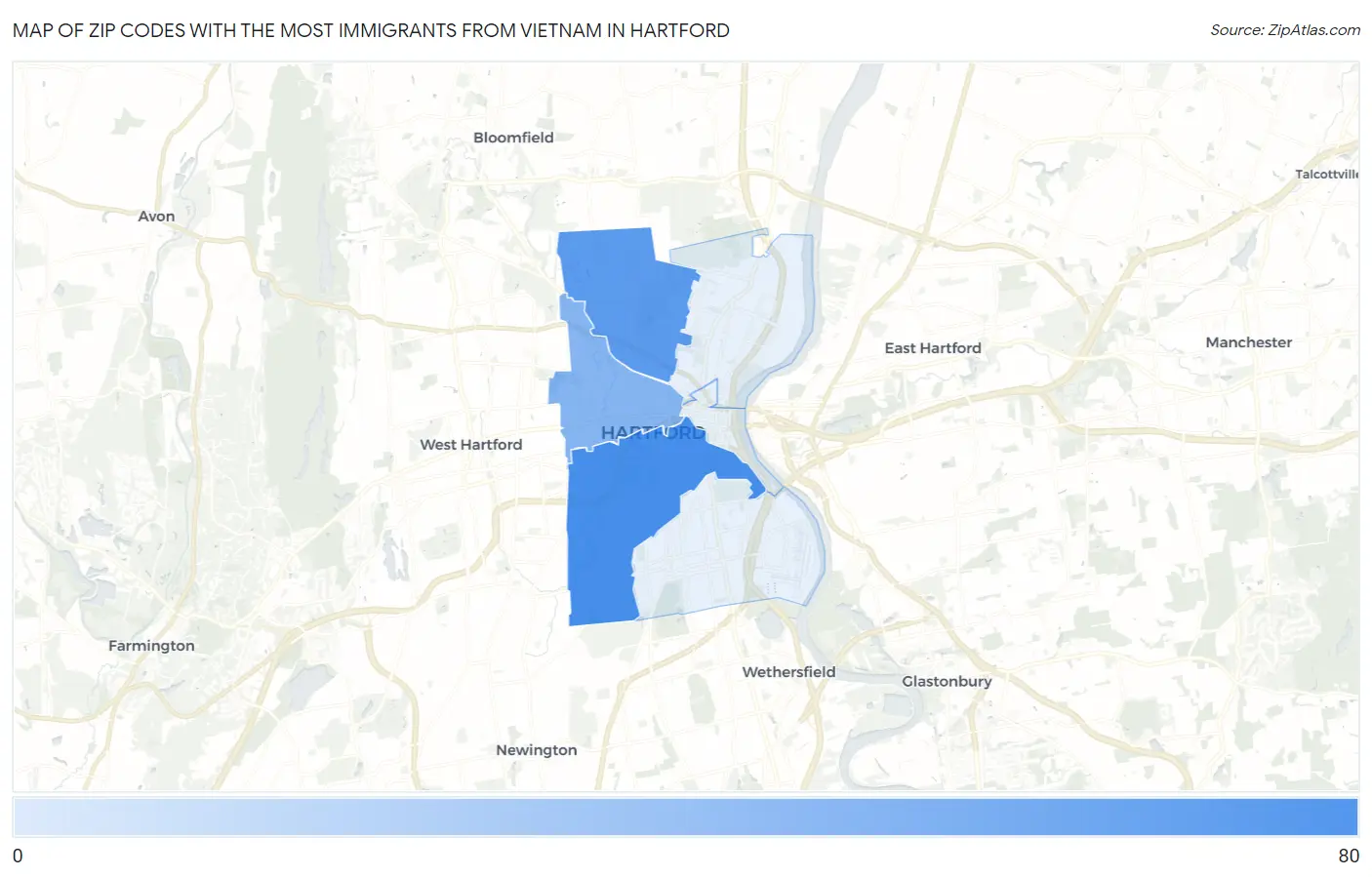 Zip Codes with the Most Immigrants from Vietnam in Hartford Map