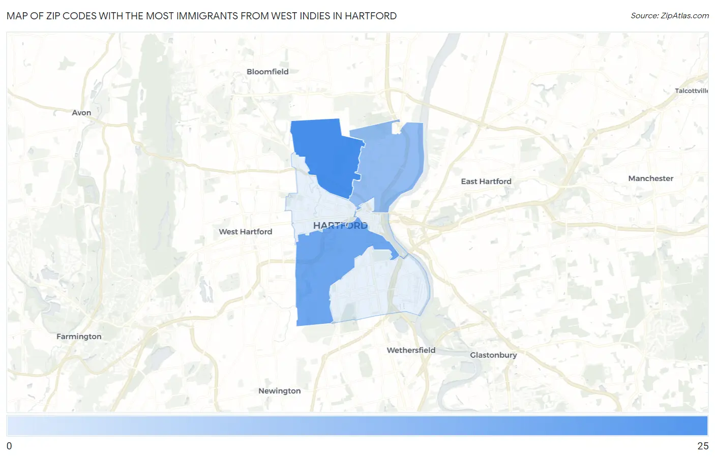 Zip Codes with the Most Immigrants from West Indies in Hartford Map
