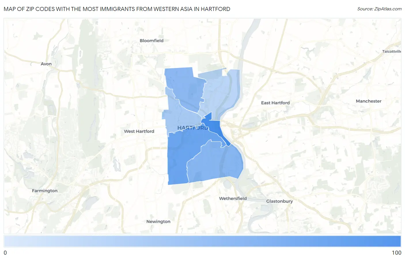 Zip Codes with the Most Immigrants from Western Asia in Hartford Map