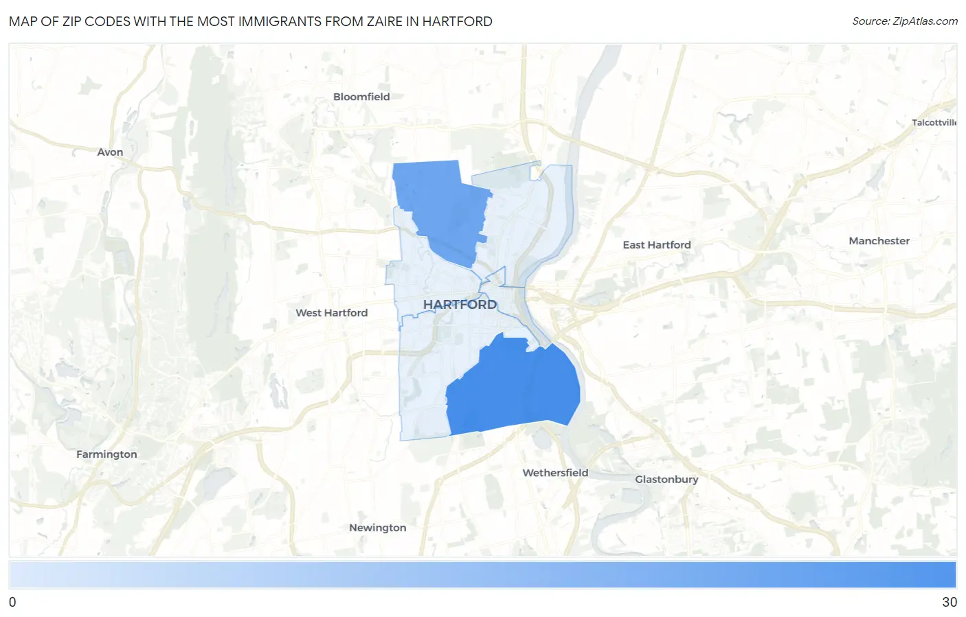 Zip Codes with the Most Immigrants from Zaire in Hartford Map