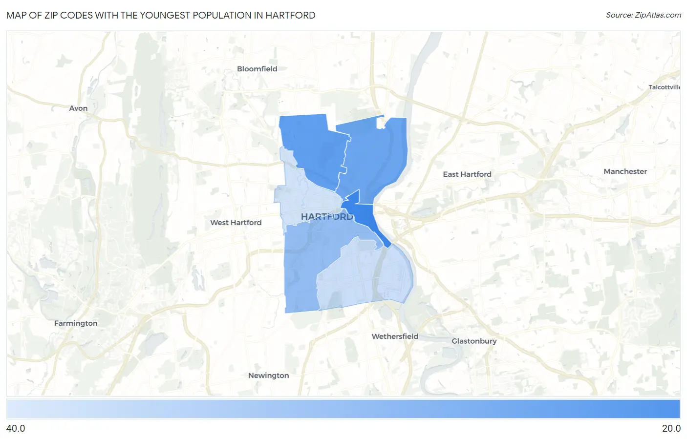 Zip Codes with the Youngest Population in Hartford Map