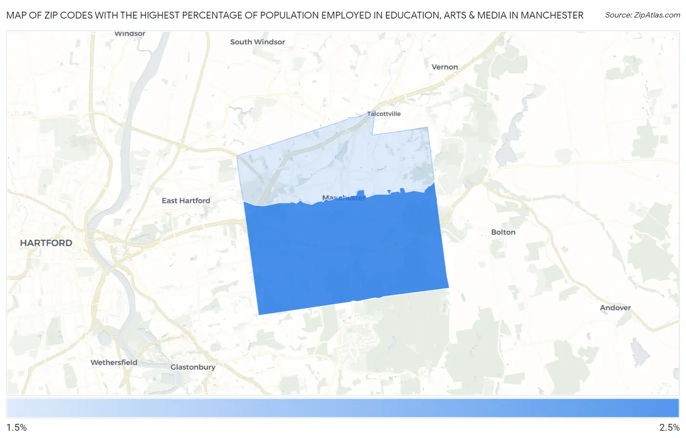 Zip Codes with the Highest Percentage of Population Employed in Education, Arts & Media in Manchester Map