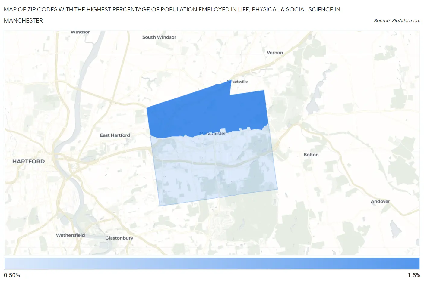 Zip Codes with the Highest Percentage of Population Employed in Life, Physical & Social Science in Manchester Map