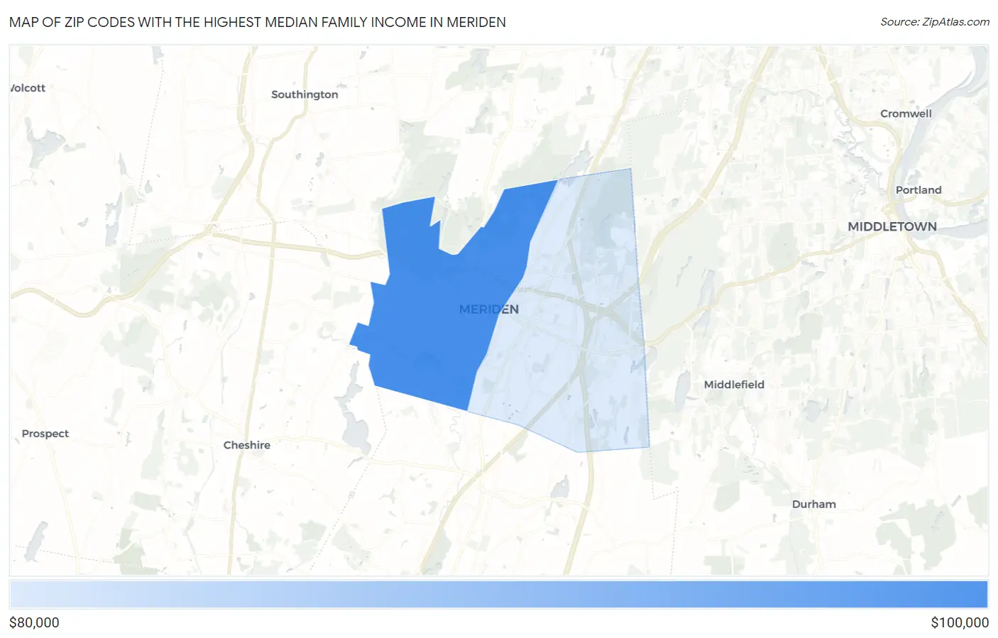 Zip Codes with the Highest Median Family Income in Meriden Map
