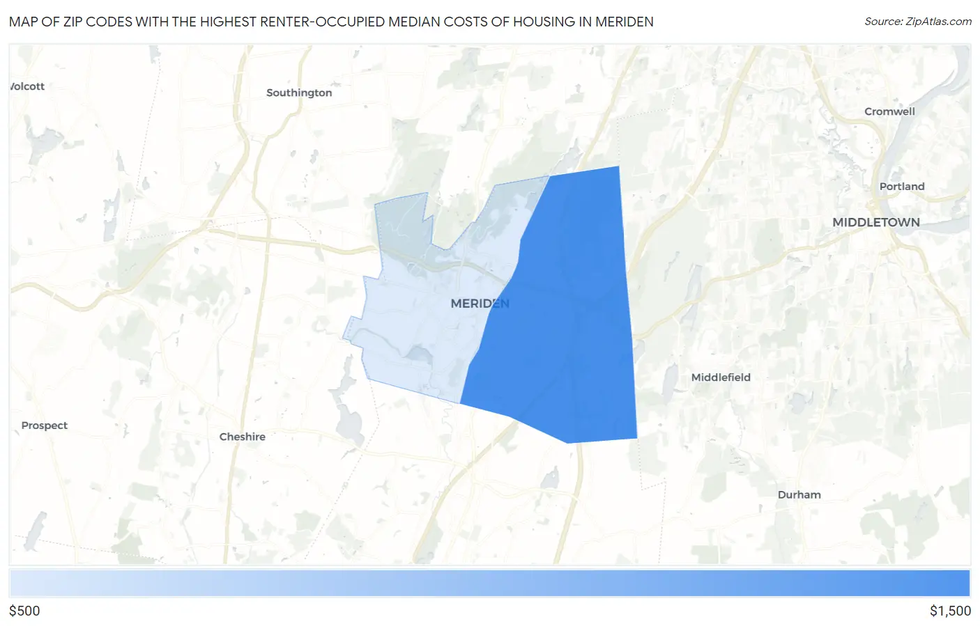 Zip Codes with the Highest Renter-Occupied Median Costs of Housing in Meriden Map