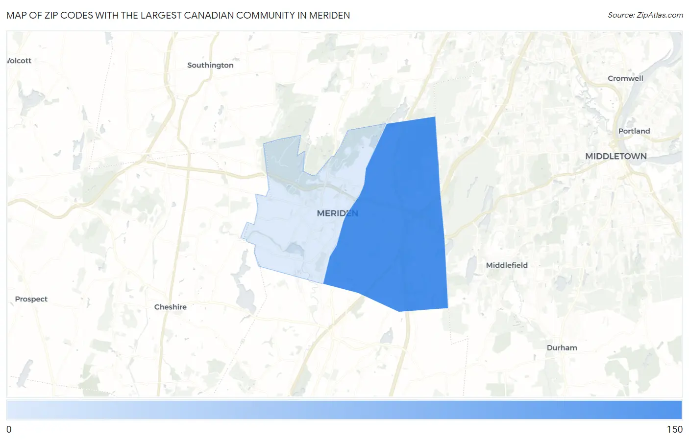 Zip Codes with the Largest Canadian Community in Meriden Map