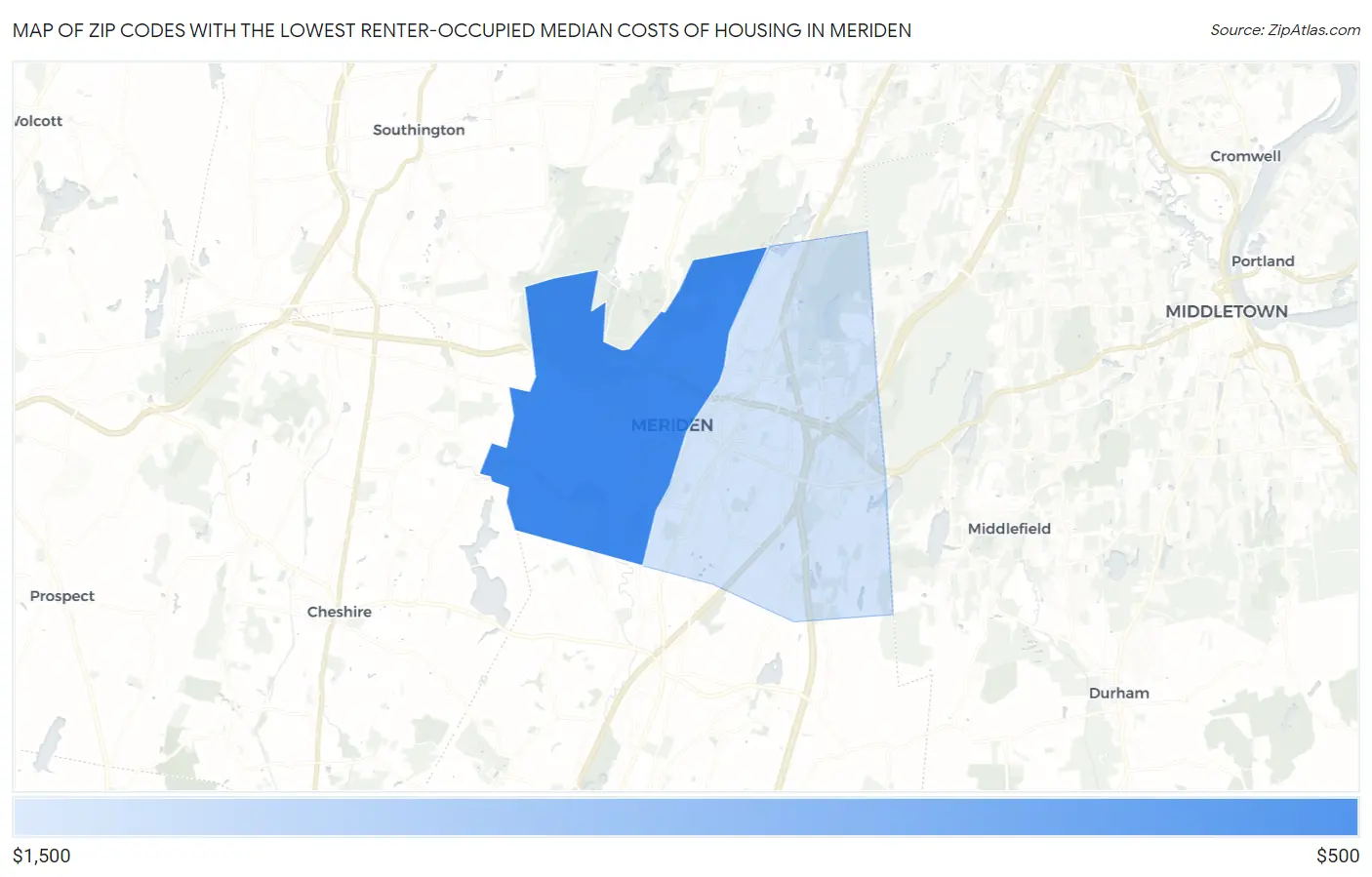Zip Codes with the Lowest Renter-Occupied Median Costs of Housing in Meriden Map