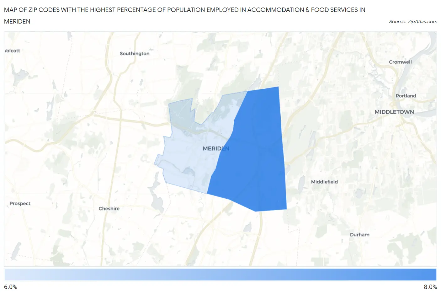 Zip Codes with the Highest Percentage of Population Employed in Accommodation & Food Services in Meriden Map