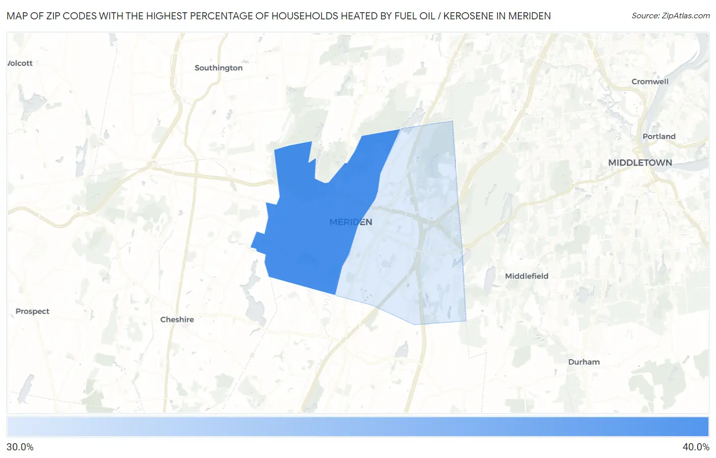 Zip Codes with the Highest Percentage of Households Heated by Fuel Oil / Kerosene in Meriden Map