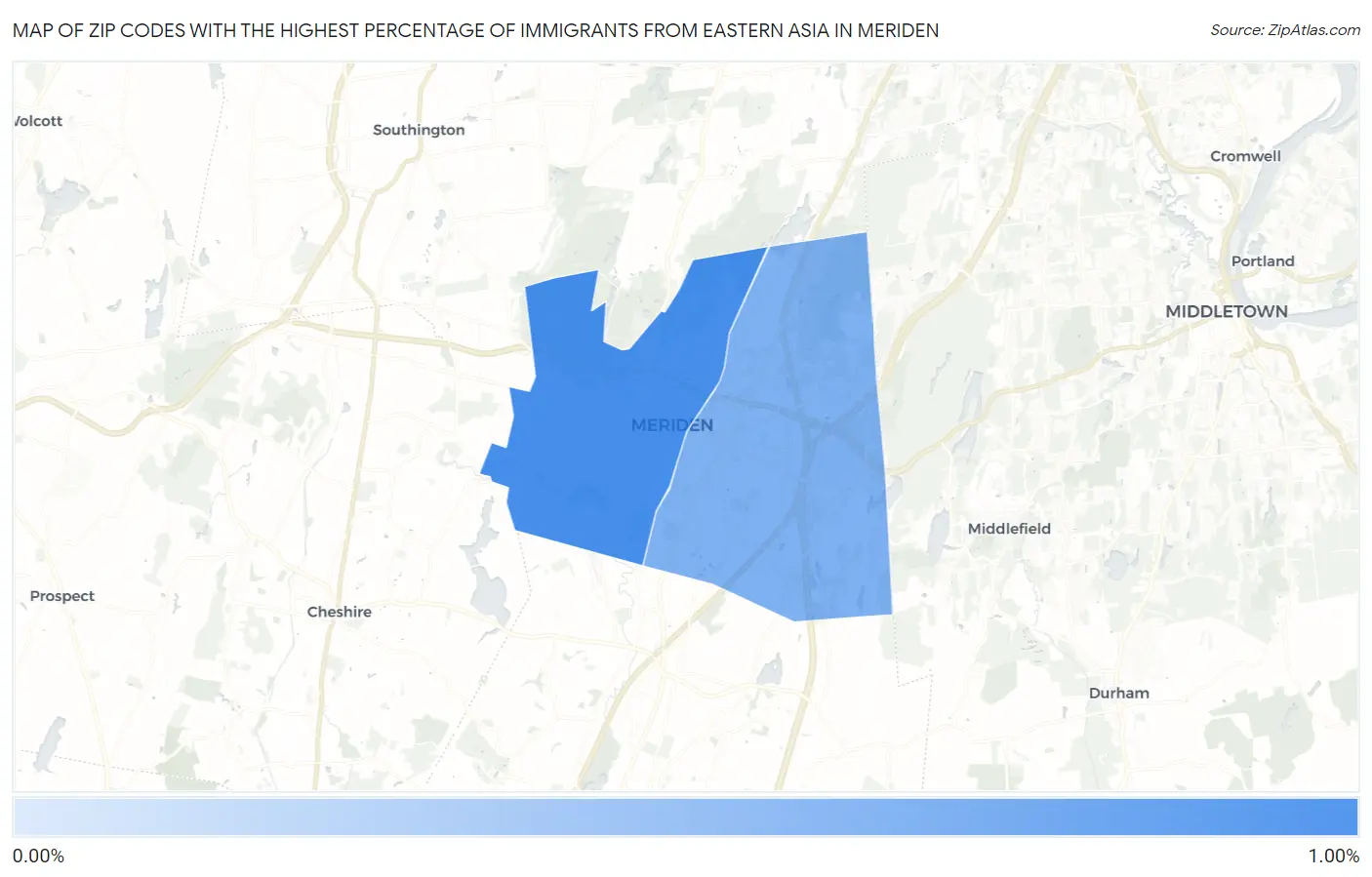 Zip Codes with the Highest Percentage of Immigrants from Eastern Asia in Meriden Map