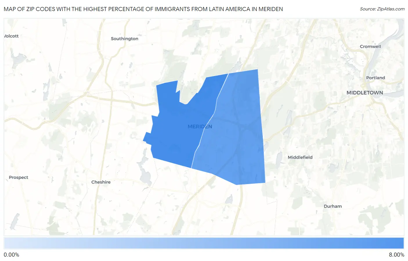 Zip Codes with the Highest Percentage of Immigrants from Latin America in Meriden Map