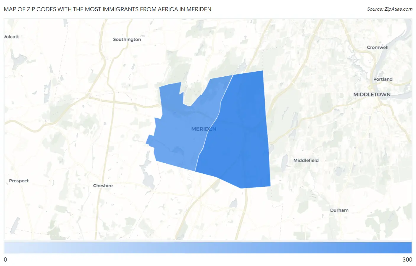 Zip Codes with the Most Immigrants from Africa in Meriden Map