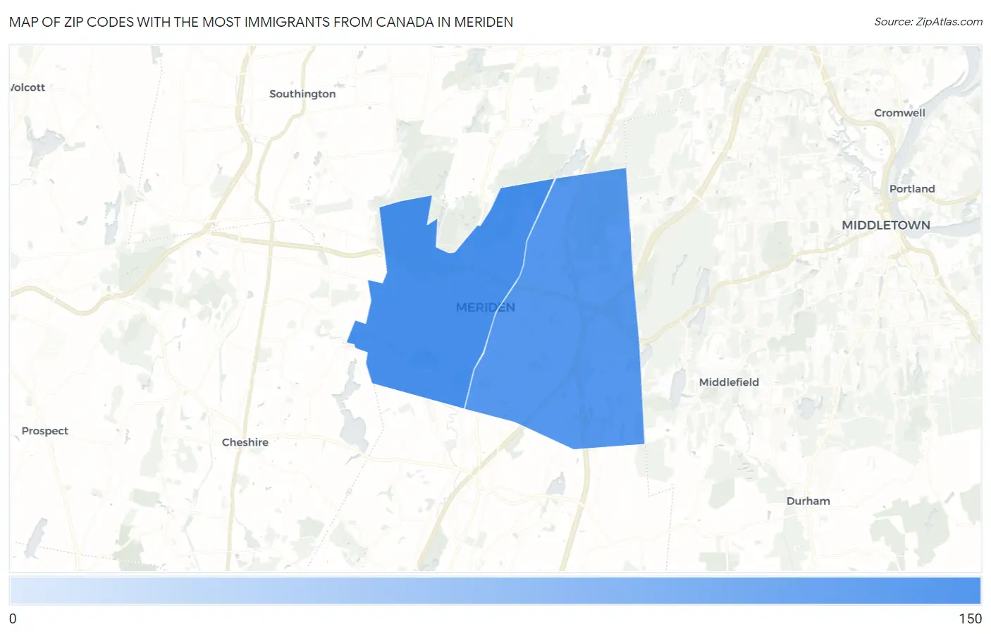 Zip Codes with the Most Immigrants from Canada in Meriden Map