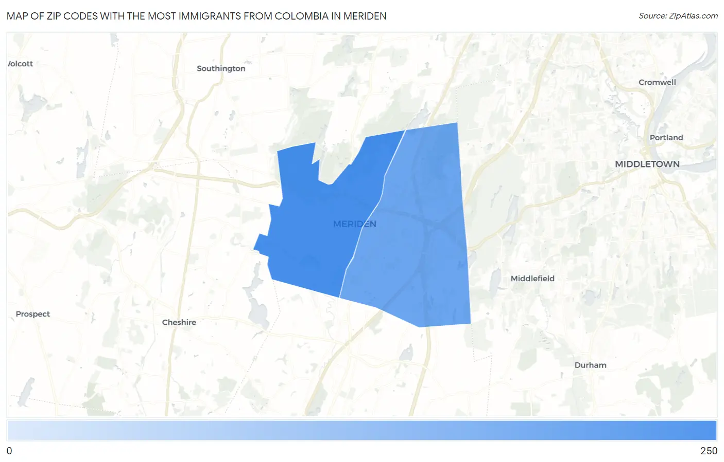 Zip Codes with the Most Immigrants from Colombia in Meriden Map