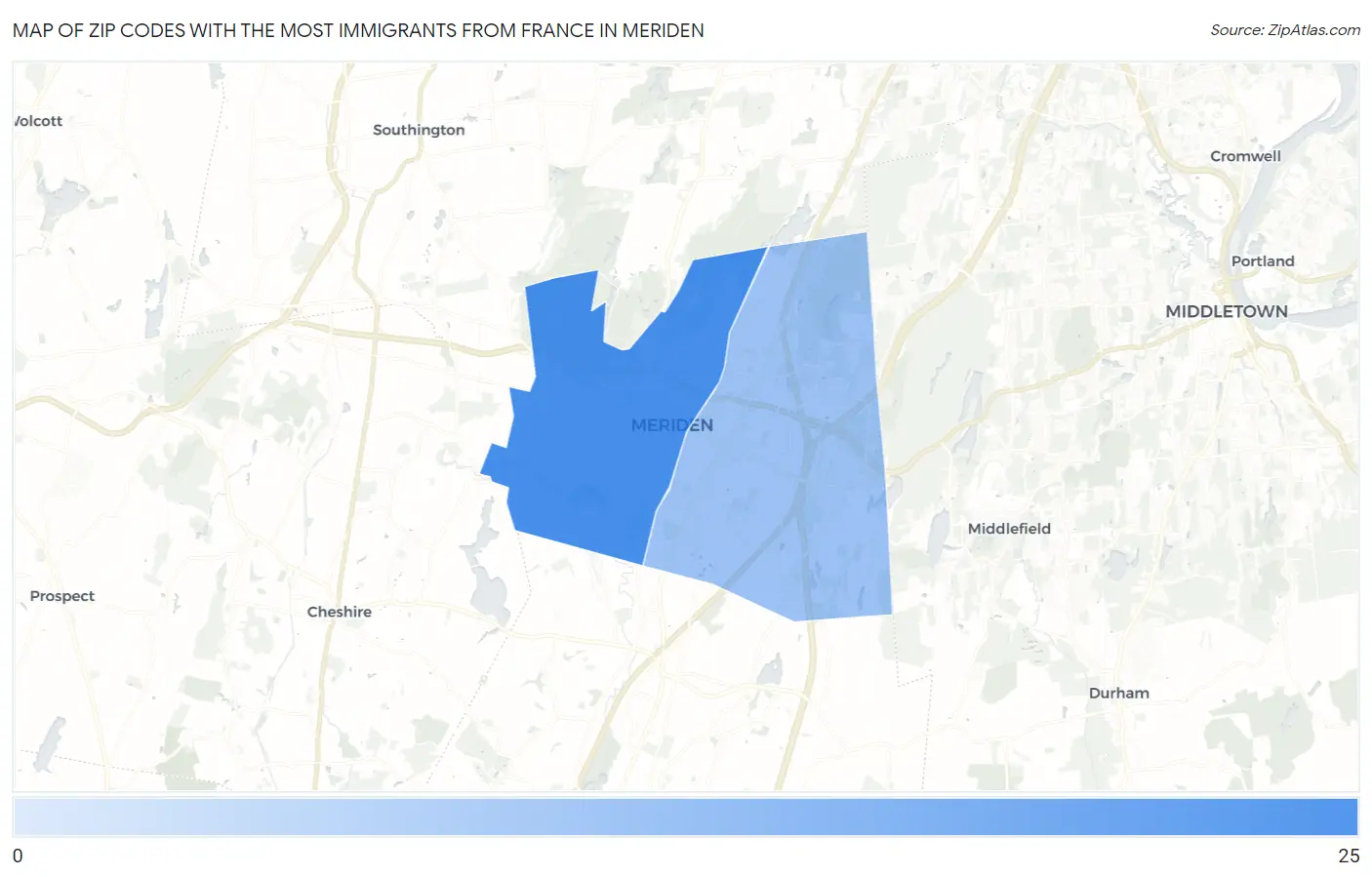 Zip Codes with the Most Immigrants from France in Meriden Map