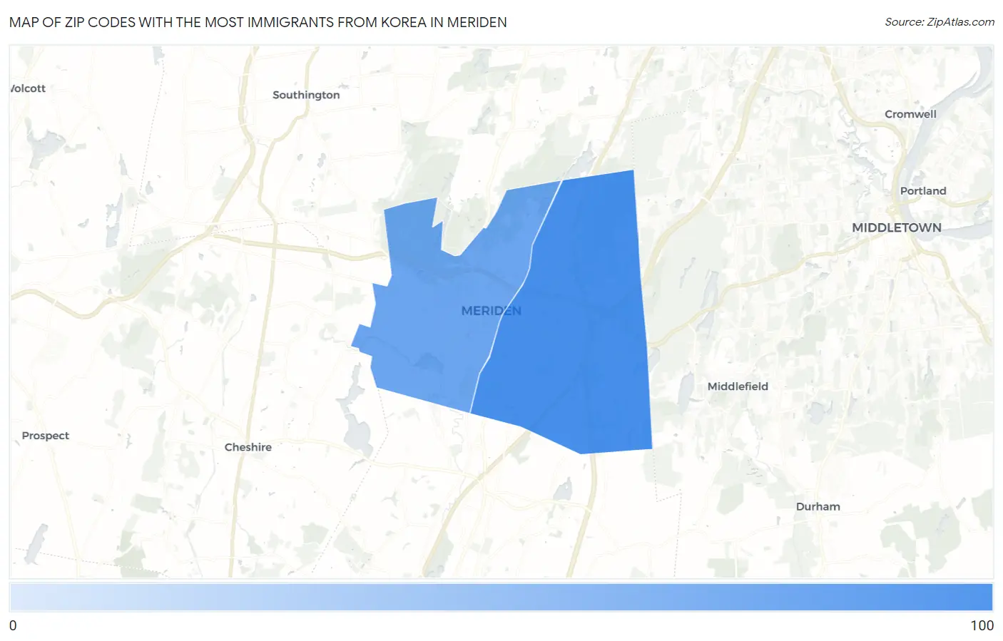 Zip Codes with the Most Immigrants from Korea in Meriden Map