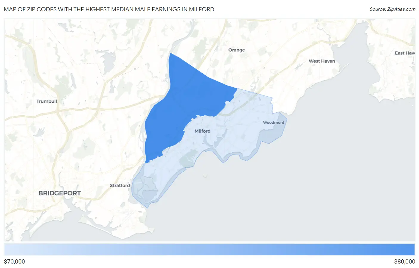 Zip Codes with the Highest Median Male Earnings in Milford Map