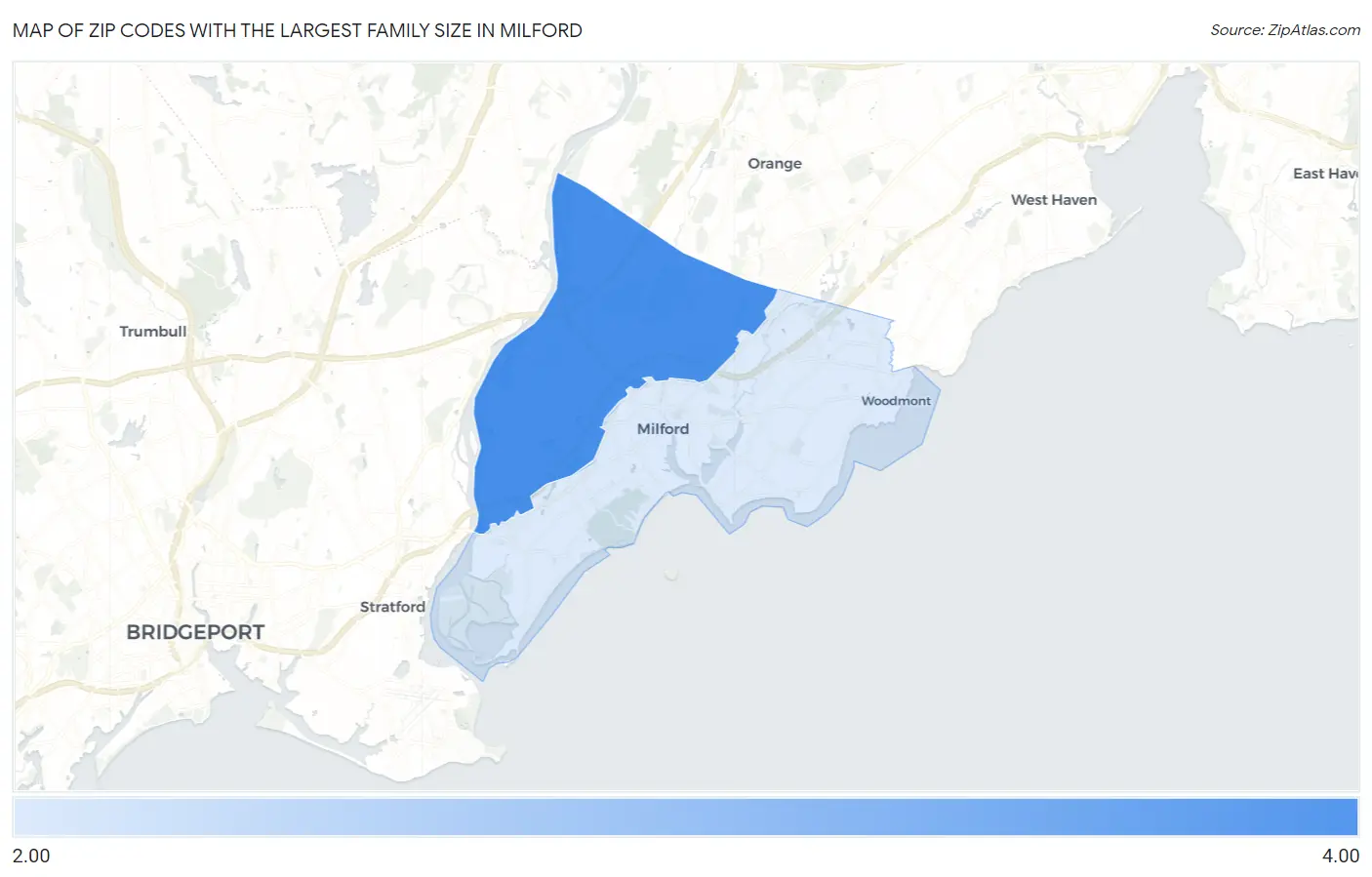 Zip Codes with the Largest Family Size in Milford Map