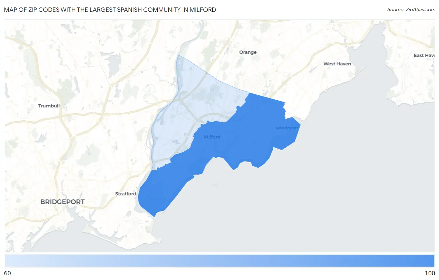 Zip Codes with the Largest Spanish Community in Milford Map