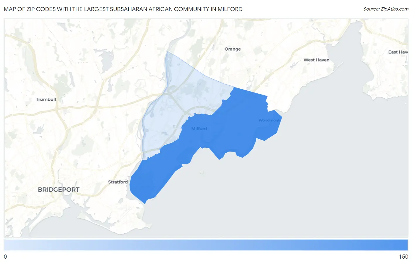 Zip Codes with the Largest Subsaharan African Community in Milford Map