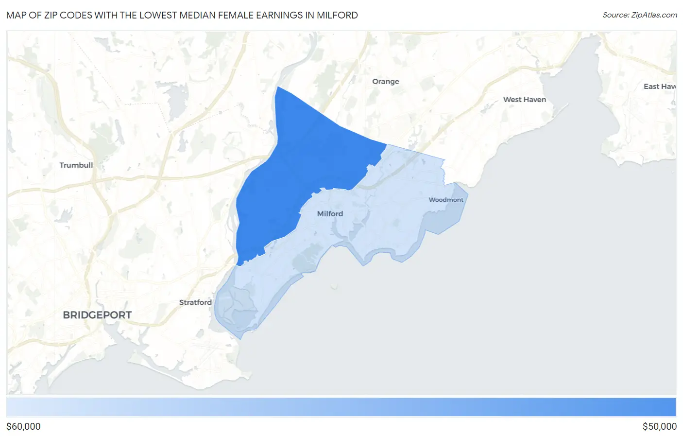 Zip Codes with the Lowest Median Female Earnings in Milford Map