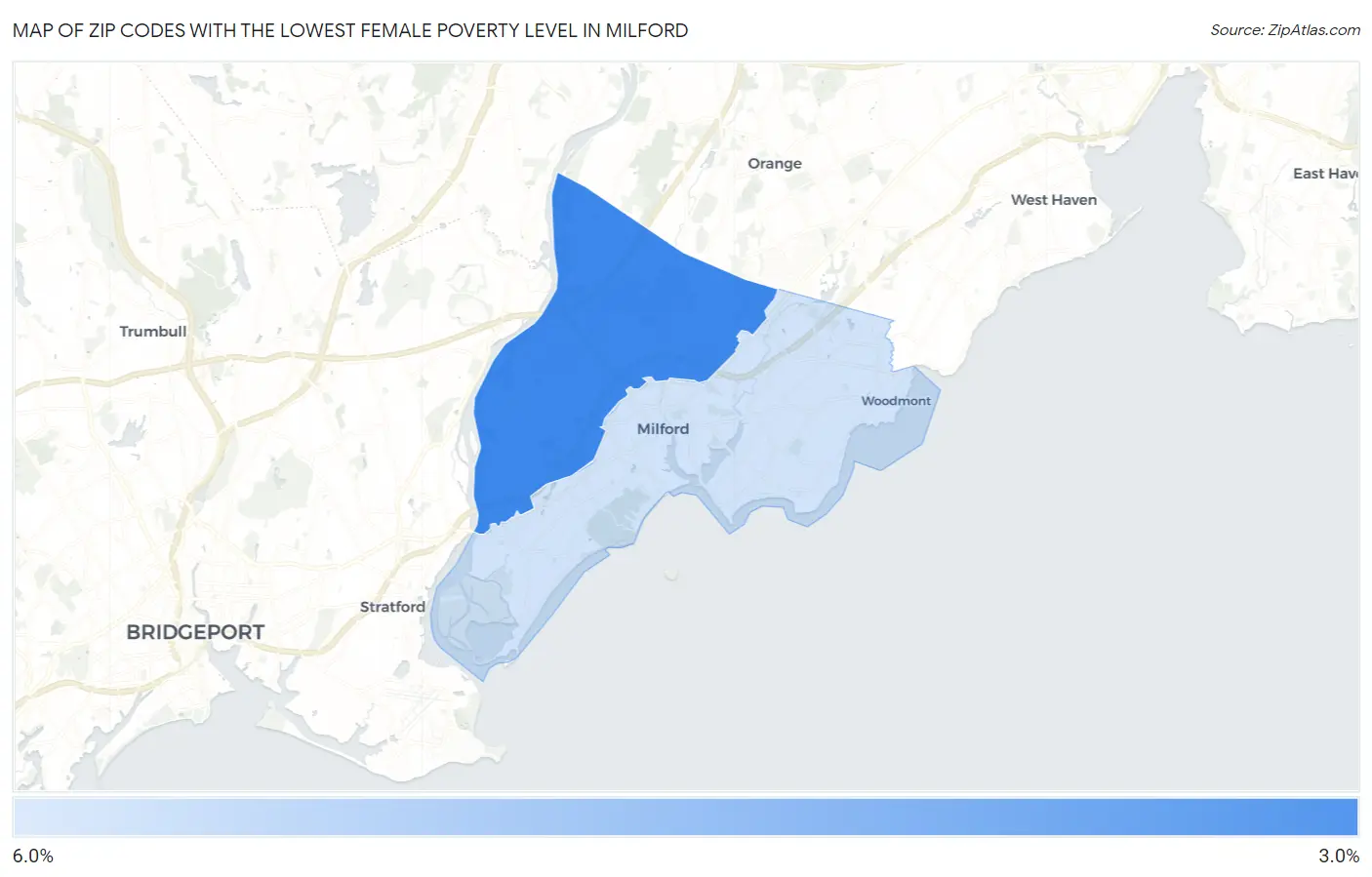 Zip Codes with the Lowest Female Poverty Level in Milford Map