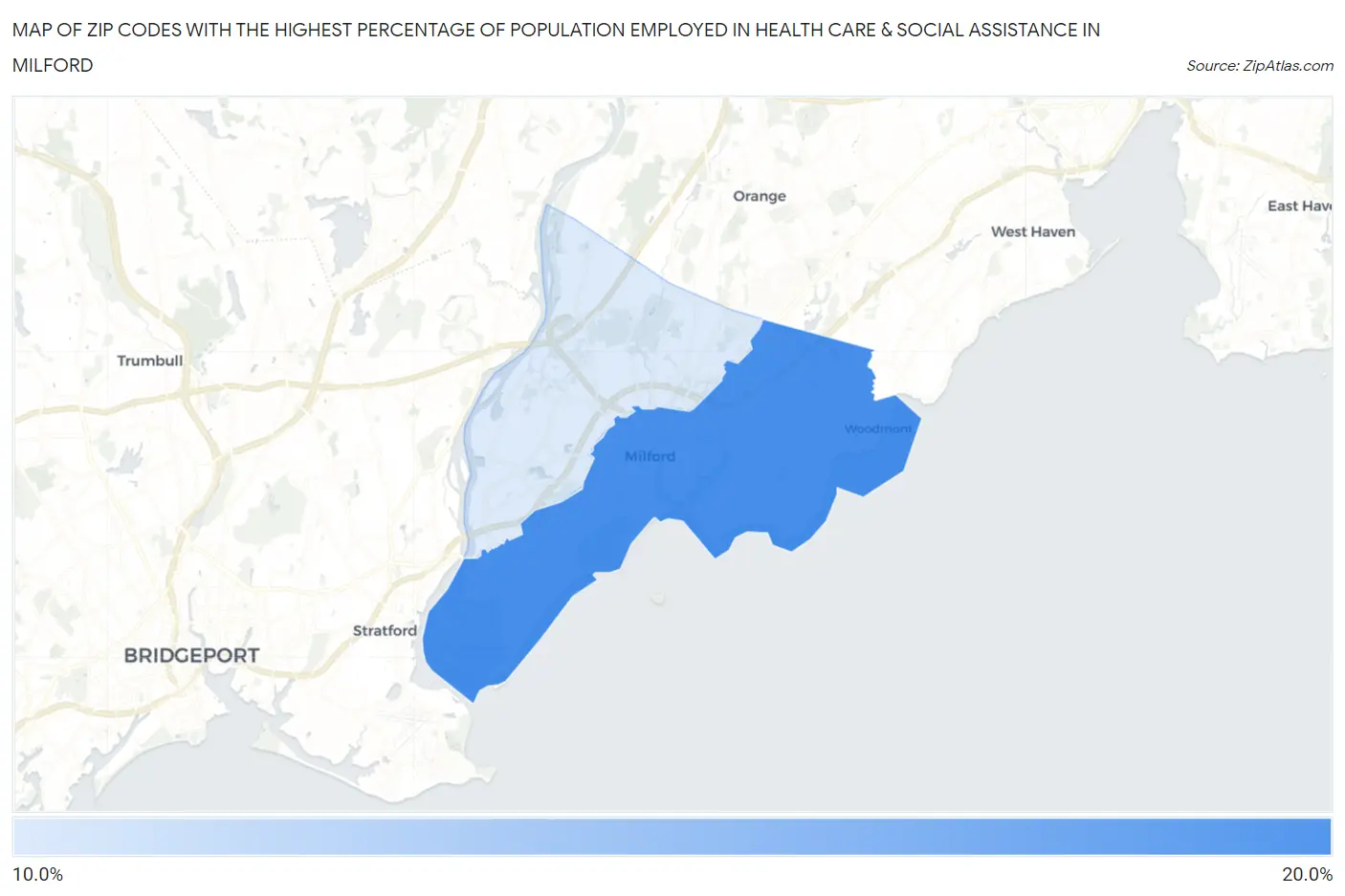 Zip Codes with the Highest Percentage of Population Employed in Health Care & Social Assistance in Milford Map