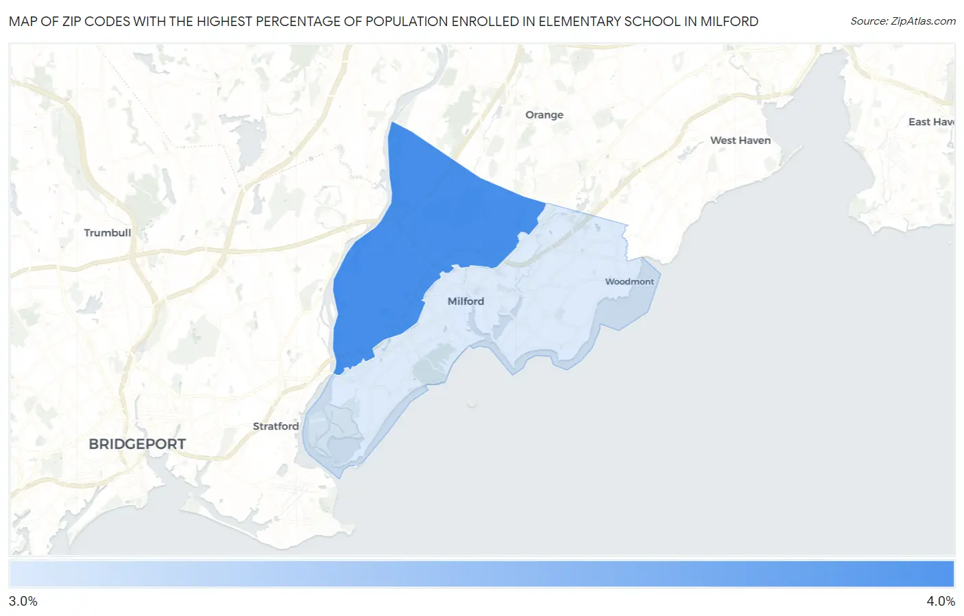 Zip Codes with the Highest Percentage of Population Enrolled in Elementary School in Milford Map