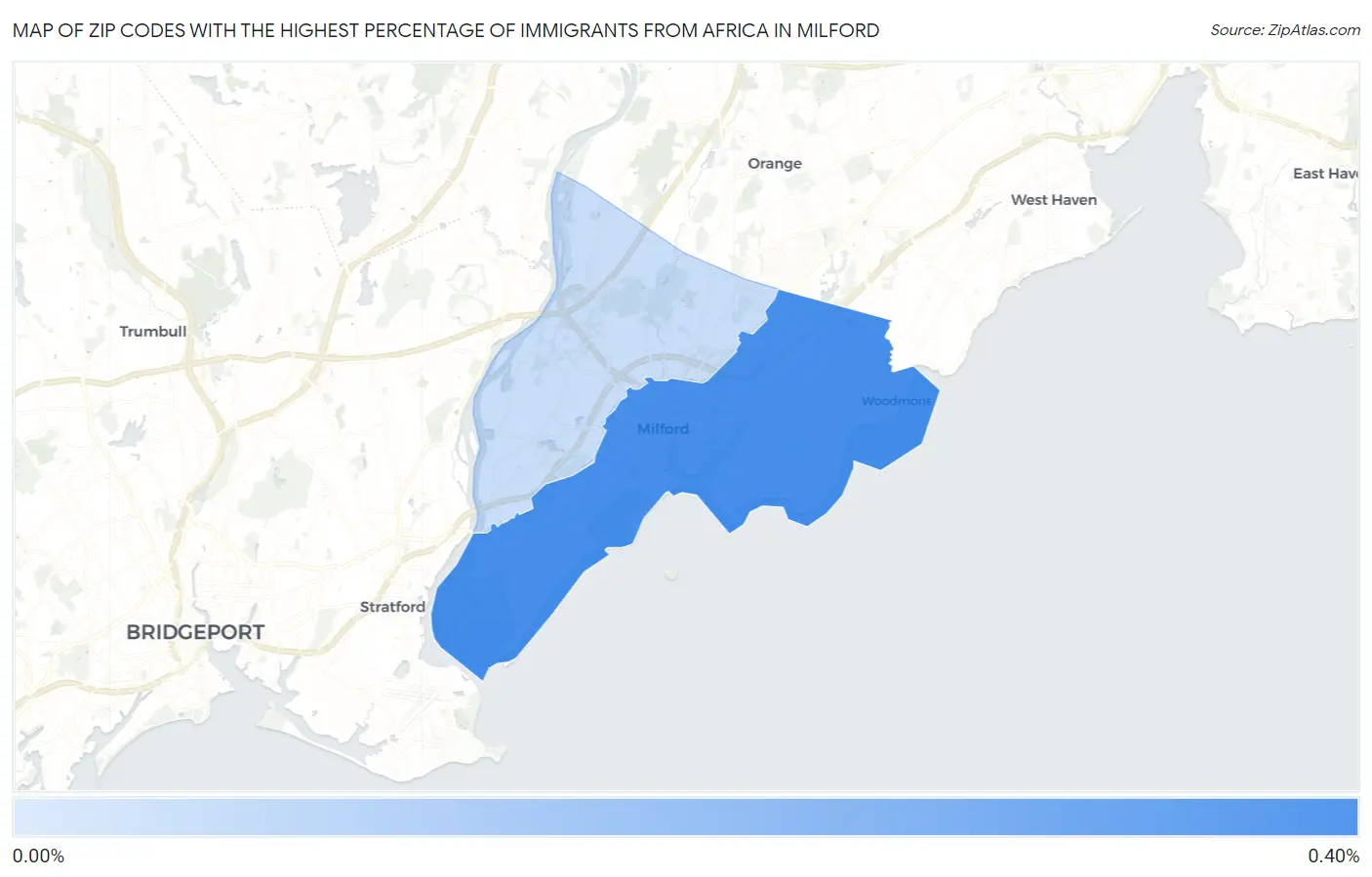 Zip Codes with the Highest Percentage of Immigrants from Africa in Milford Map
