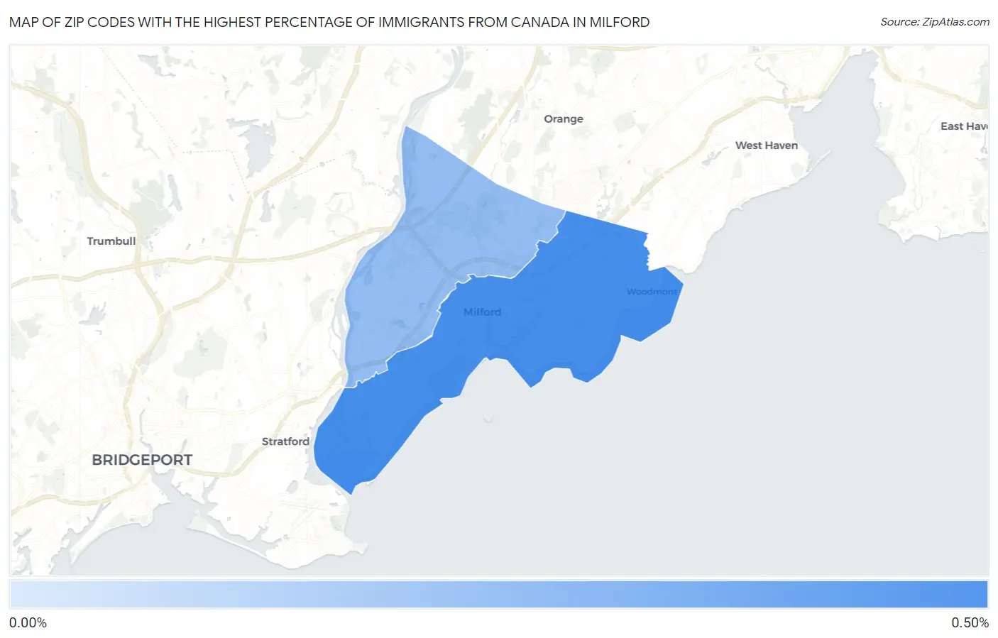 Zip Codes with the Highest Percentage of Immigrants from Canada in Milford Map