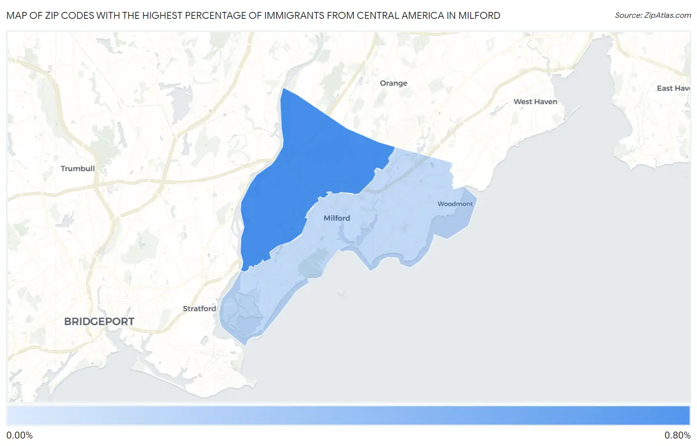 Zip Codes with the Highest Percentage of Immigrants from Central America in Milford Map